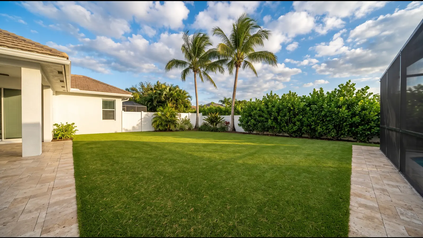 Artificial grass lawn filling the backyard of a white stucco home with a barrel-tile roof, travertine pavers and coconut palms, a screened pool cage at the edge
