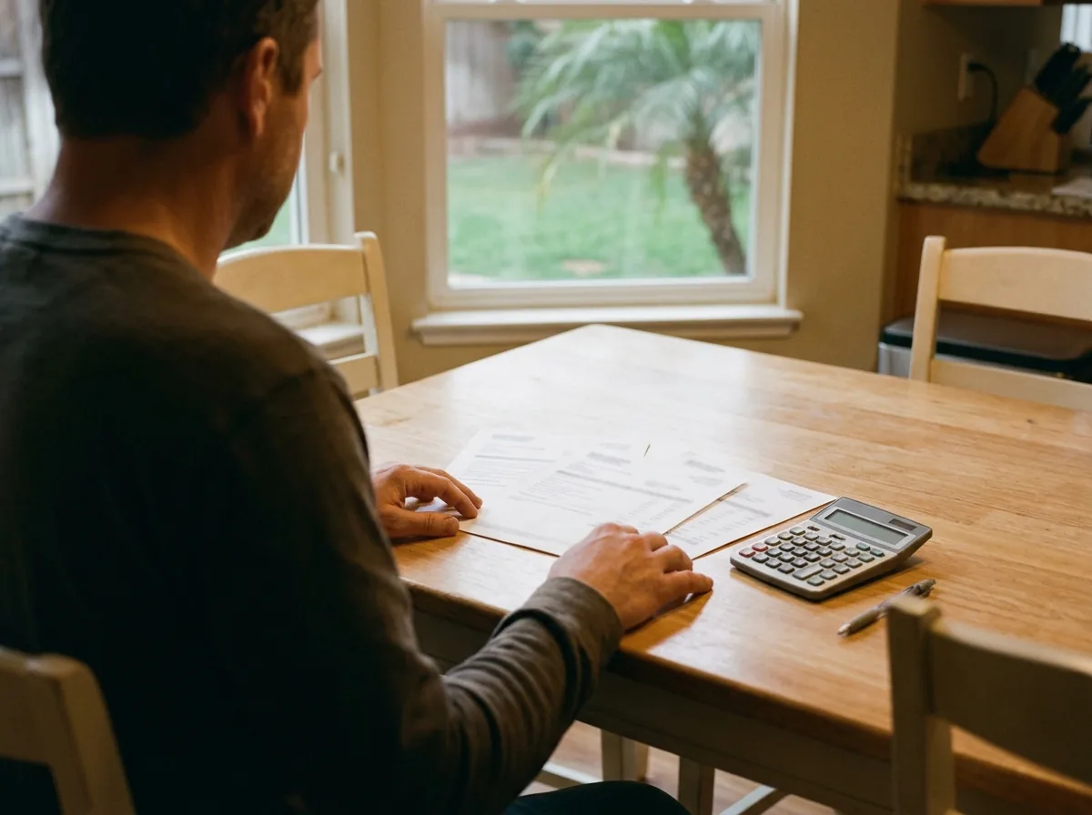 Homeowner seen from behind at a kitchen table comparing three printed estimates with blurred, unreadable lines, a calculator beside them