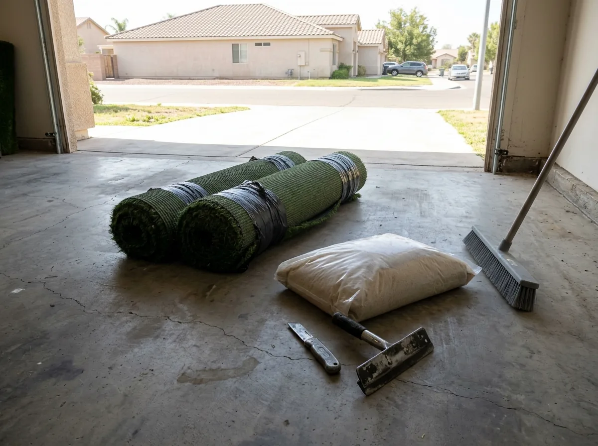 Two rolls of artificial grass, a bag of silica sand and plain gray hand tools on the floor of an open garage, a driveway in sunlight beyond