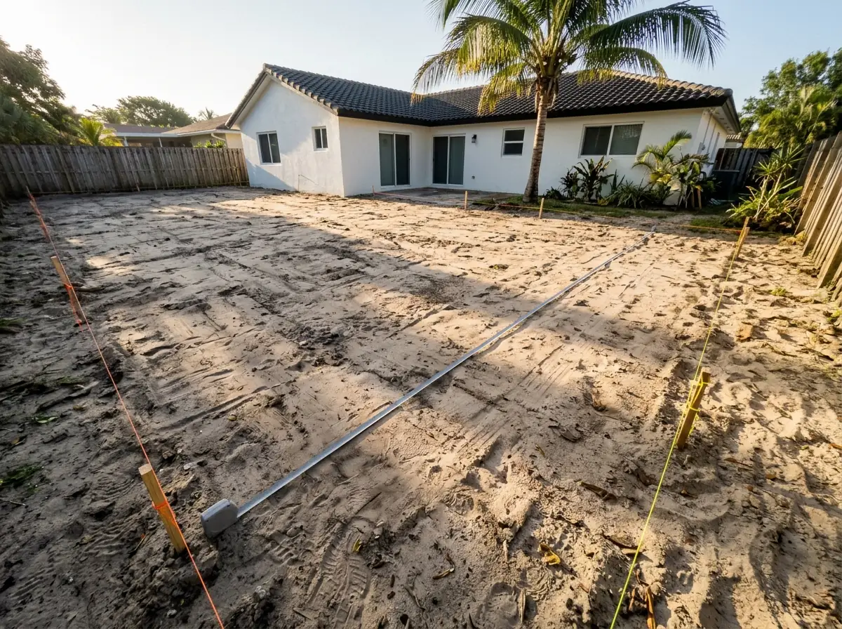 Gray tape measure stretched across a bare, graded backyard ready for artificial grass, a stucco house and coconut palm behind