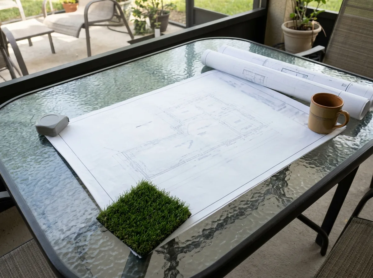 Rolled landscape plans and a land survey with illegible linework spread on an outdoor patio table, held flat by a gray tape measure