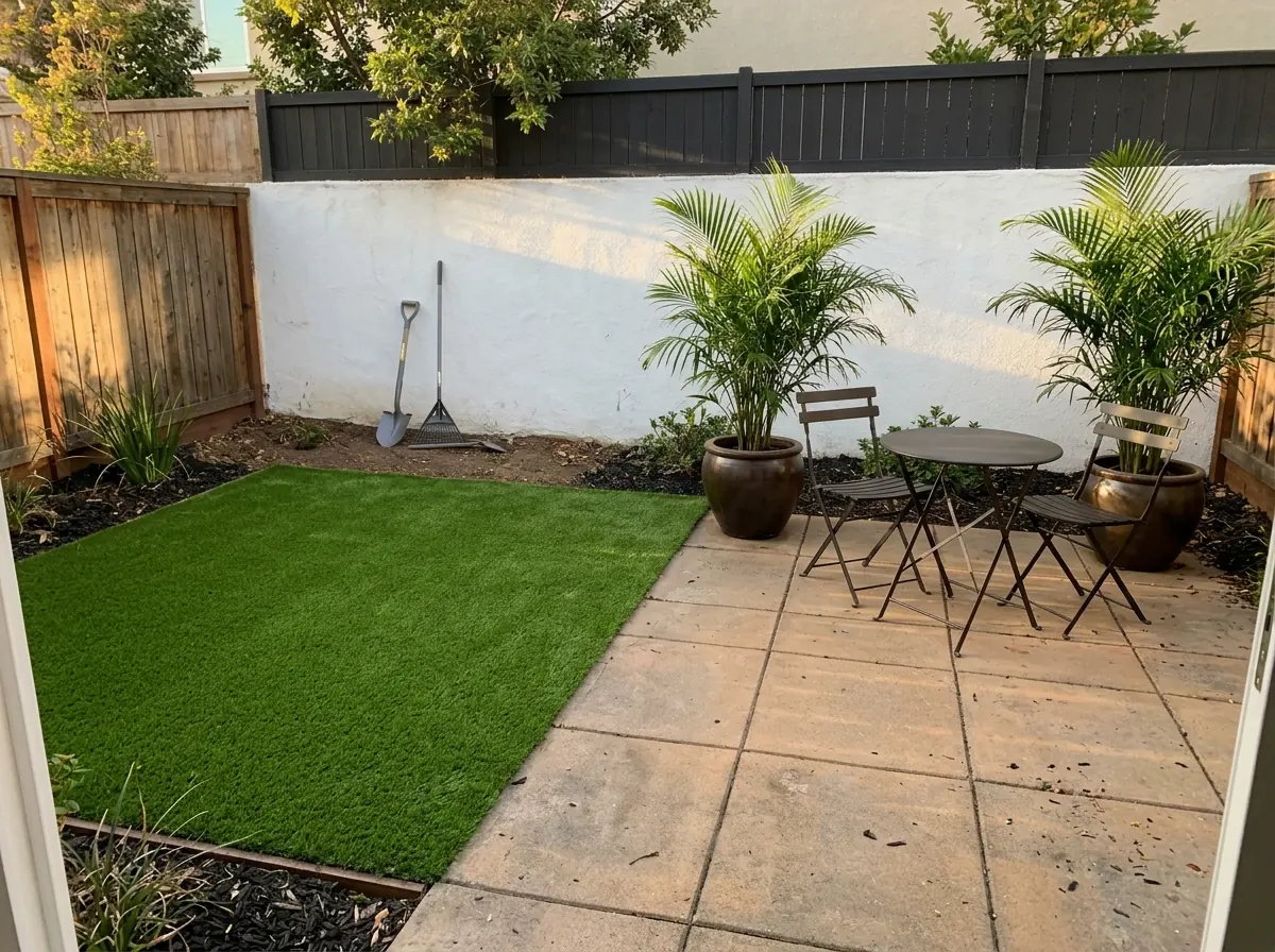 Small fenced backyard with a fresh rectangle of artificial grass beside a paver patio, white stucco wall and potted palms