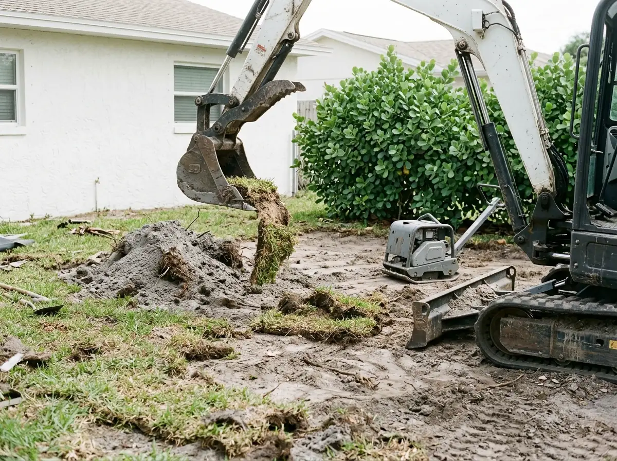 Small excavator bucket lifting old St. Augustine sod out of a backyard, a pile of dug soil and a compact gray plate compactor nearby