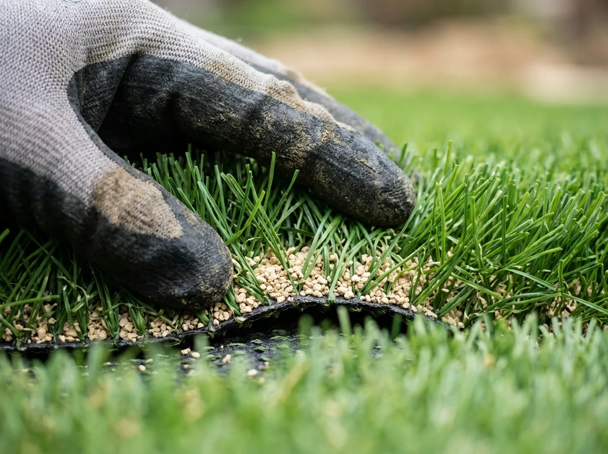 Close-up of pet turf blades parted by hand to show light tan infill granules settled at the base of the fibers