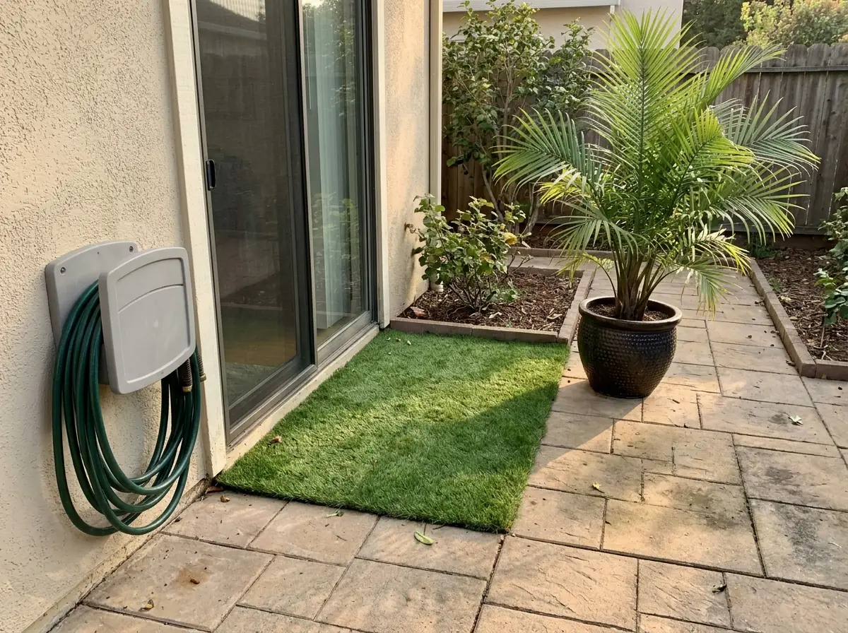 Small rectangle of pet turf in the corner of a paver patio beside a back door, a hose reel against the stucco wall