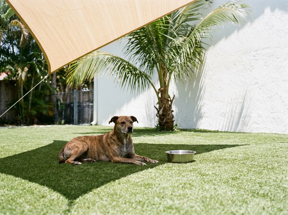Dog resting in the shade of a tan shade sail on a pet turf lawn, a steel water bowl beside it and a coconut palm in the background