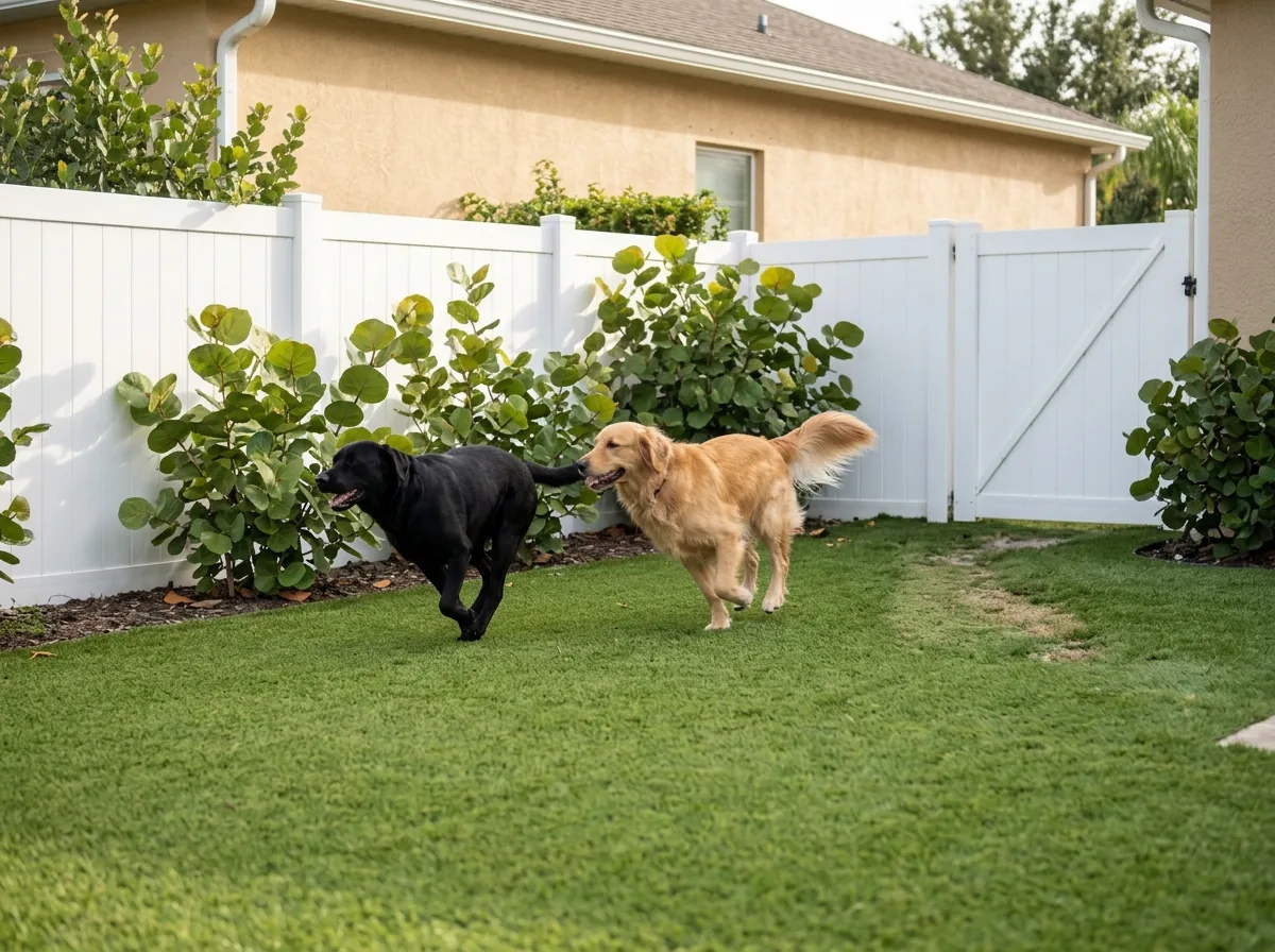Two large dogs running across a backyard of pet turf along a white vinyl fence, a worn path visible near the gate