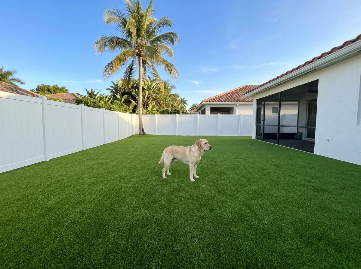 Fenced backyard covered wall to wall in short dense pet turf, a Labrador standing in the middle and a white stucco house with a screened lanai behind