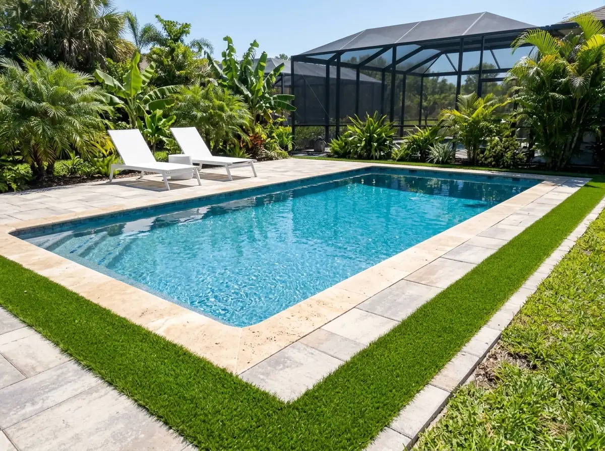 Pool with travertine coping and a band of artificial grass between the pavers and the lawn, two white lounge chairs and a screened cage behind