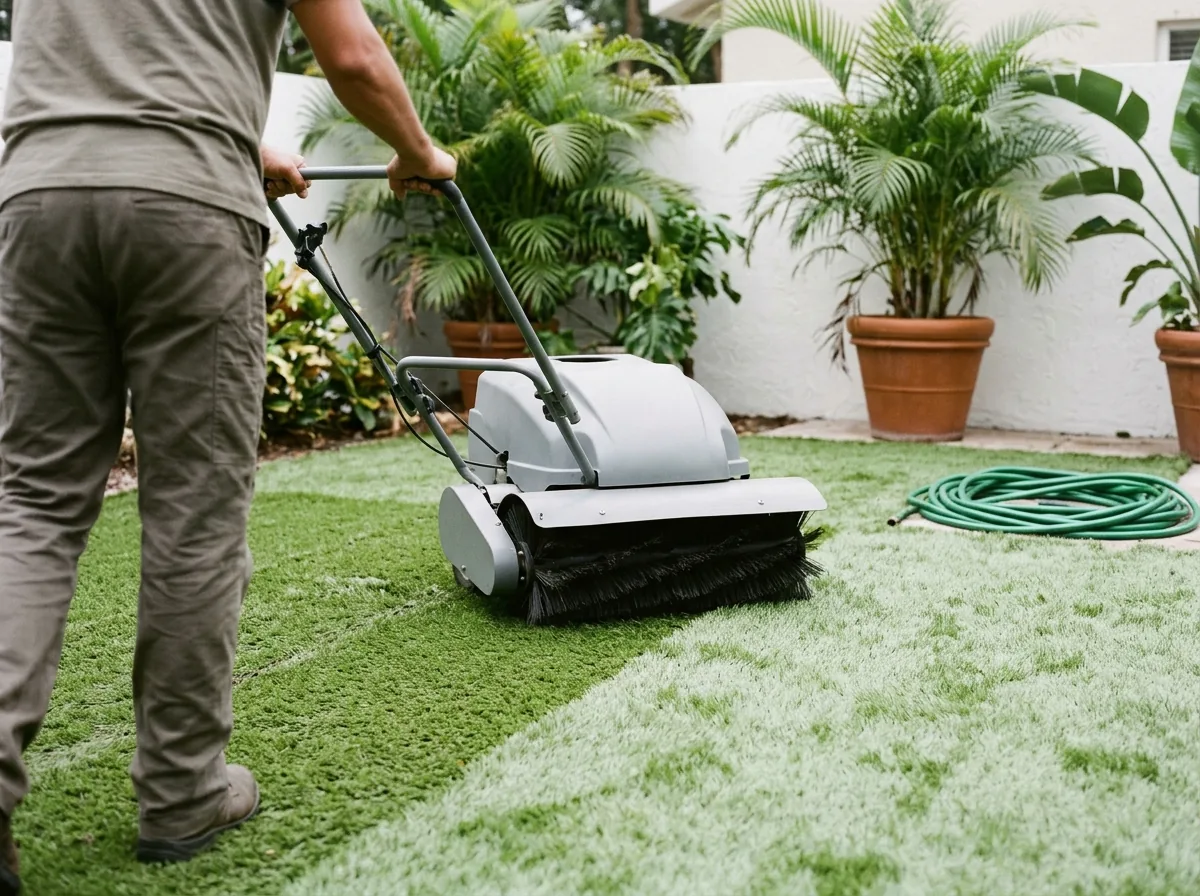 Power broom brushing an artificial grass lawn, the brushed half standing up fuller than the matted half, a coiled hose nearby