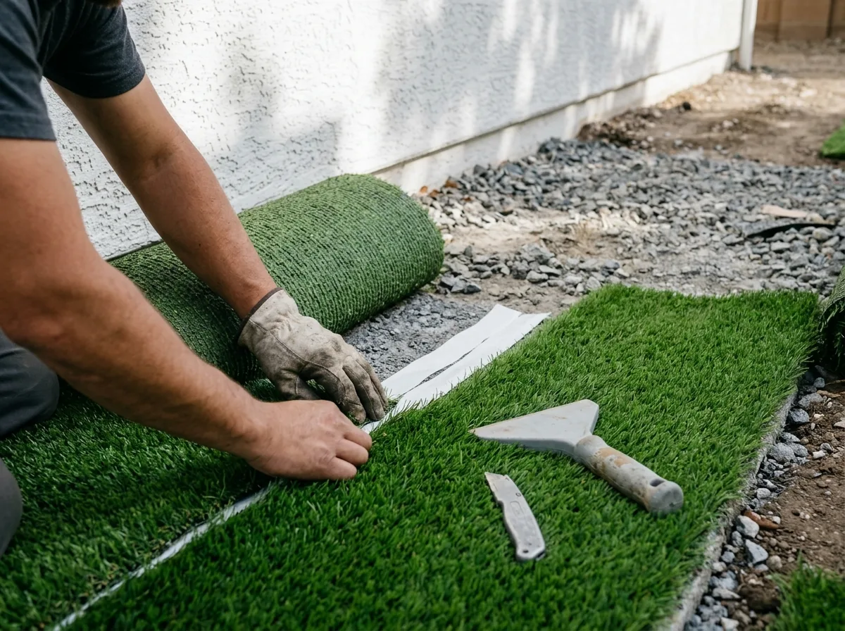 Two rolls of artificial grass being joined over white seaming tape on a compacted gray crushed-stone base, a gloved hand pressing the seam