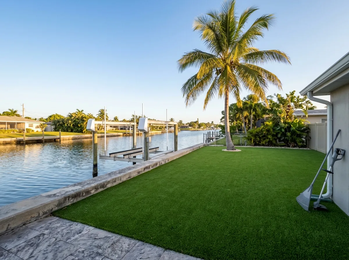 Artificial grass lawn ending a few feet short of a concrete seawall cap on a canal, a white boat lift and calm water beyond