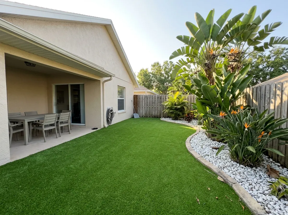 Backyard of a beige stucco ranch home fully covered in artificial grass, a covered lanai with a dining table and a curved bed of white river rock