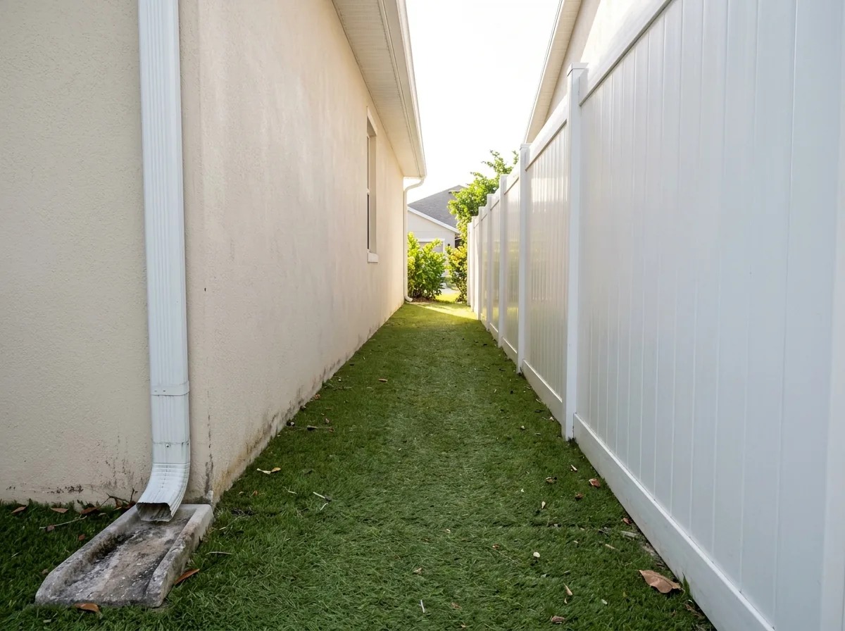 Narrow side yard of artificial grass between a stucco house wall and a white vinyl fence, a downspout splash block at the corner