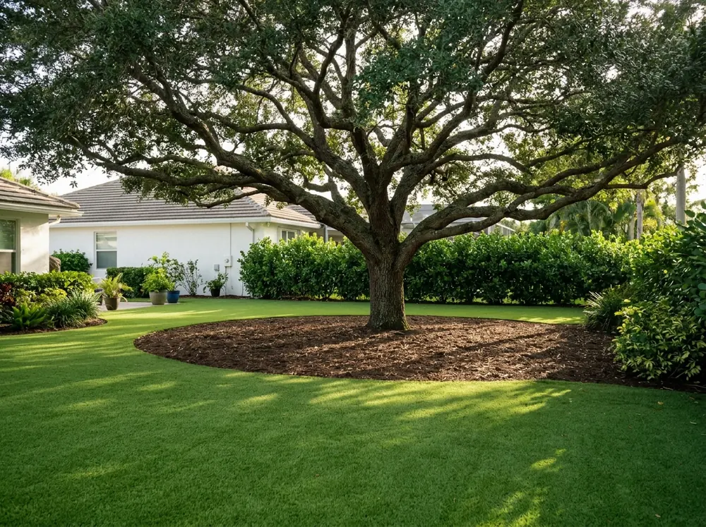 Backyard turf lawn stopping at a round bed of brown mulch under a live oak's canopy, dappled shade on the grass beyond