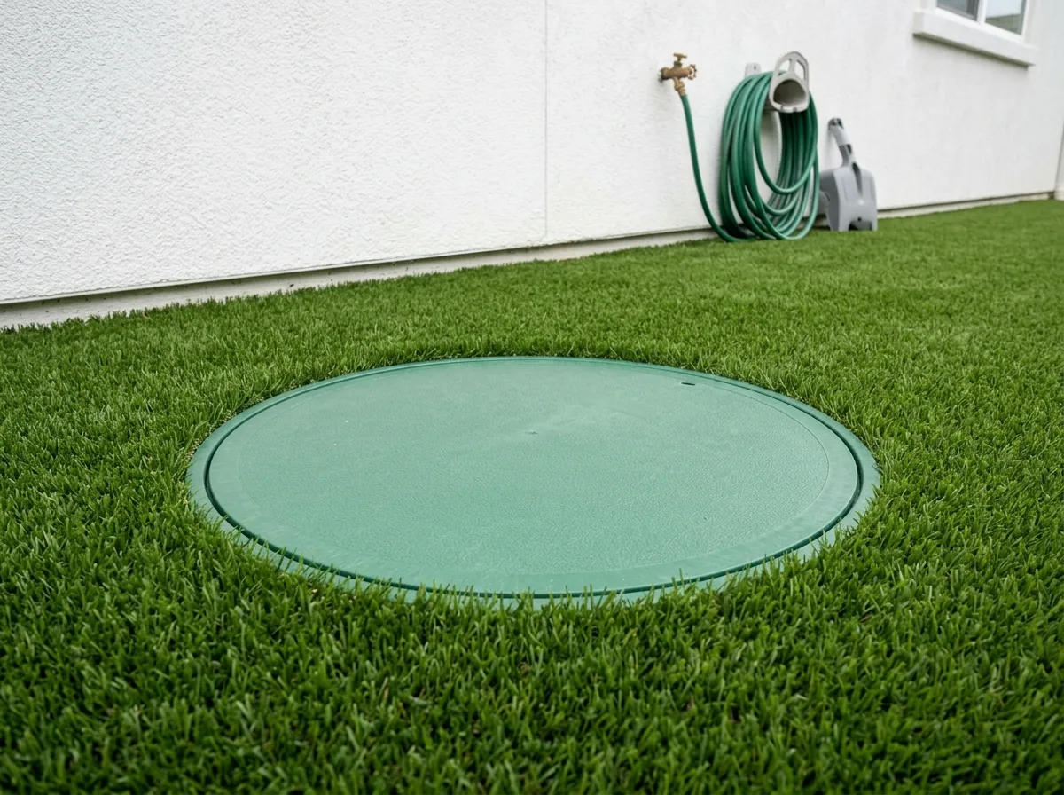 Round green septic access lid set flush in a backyard of artificial grass, the turf neatly cut around it, a garden hose bib on the stucco wall nearby