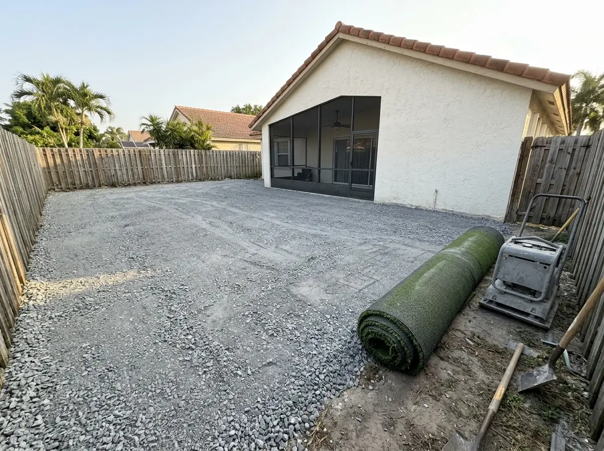 Backyard stripped of sod down to a compacted gray crushed-rock base, a roll of artificial grass waiting at the edge and a screened lanai behind