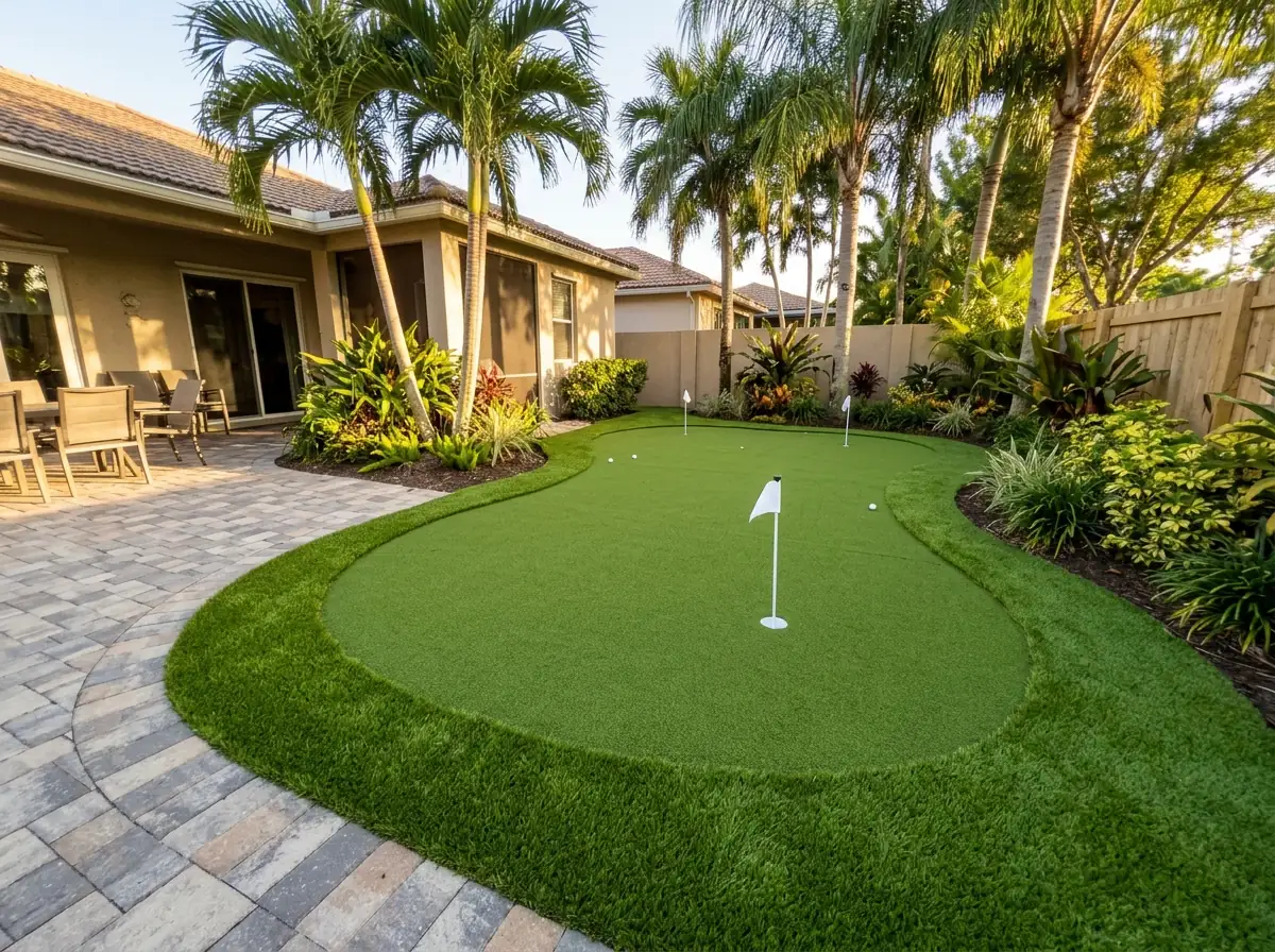 Backyard putting green of short synthetic putting turf with a taller fringe, two cups with plain white flags, beside a paver patio