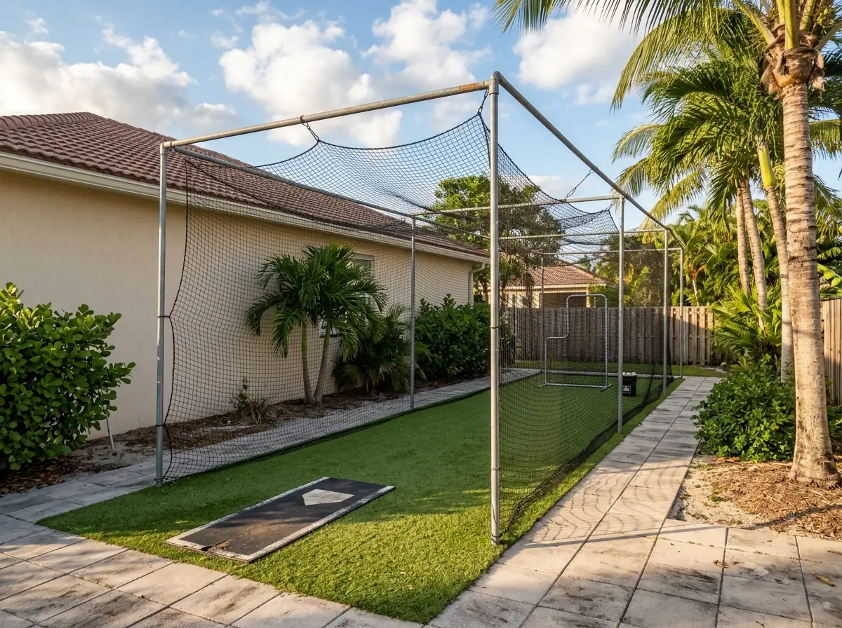 Long backyard batting cage of dark netting on steel poles over a strip of short green artificial turf, a home plate mat at one end and a stucco wall and palms beside it