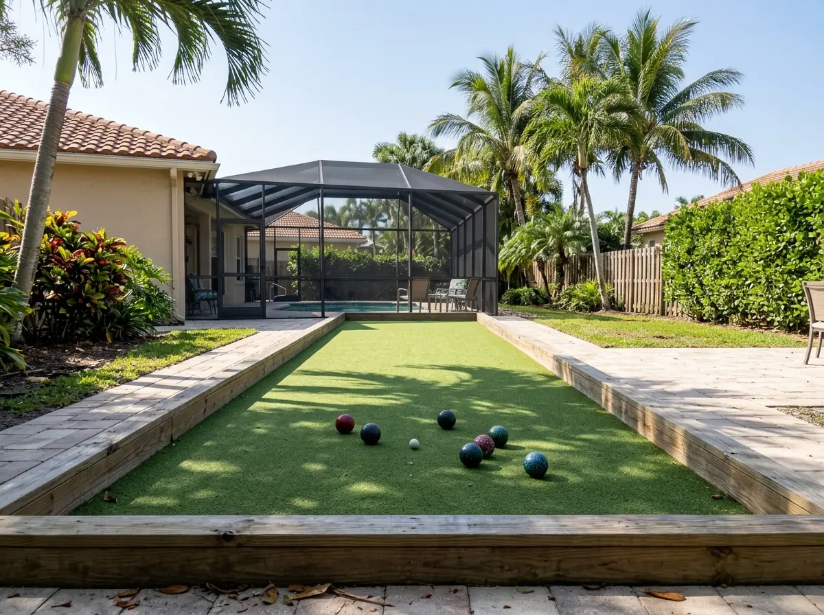 Backyard bocce court of short flat artificial turf framed by wooden side boards, bocce balls and a small white pallino at one end, a screened pool cage behind