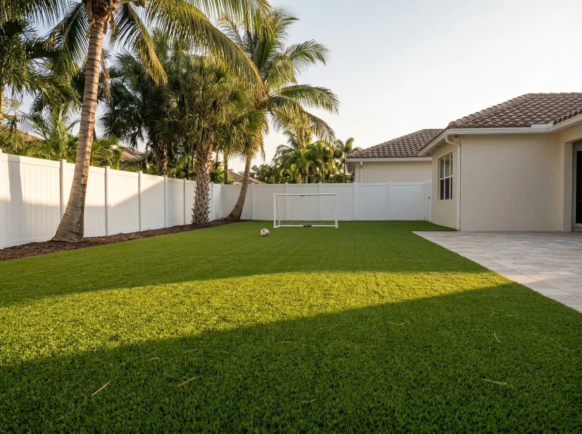 Open backyard of artificial grass with a small white soccer goal at one end, a ball on the turf, a white vinyl fence and coconut palms along the edge