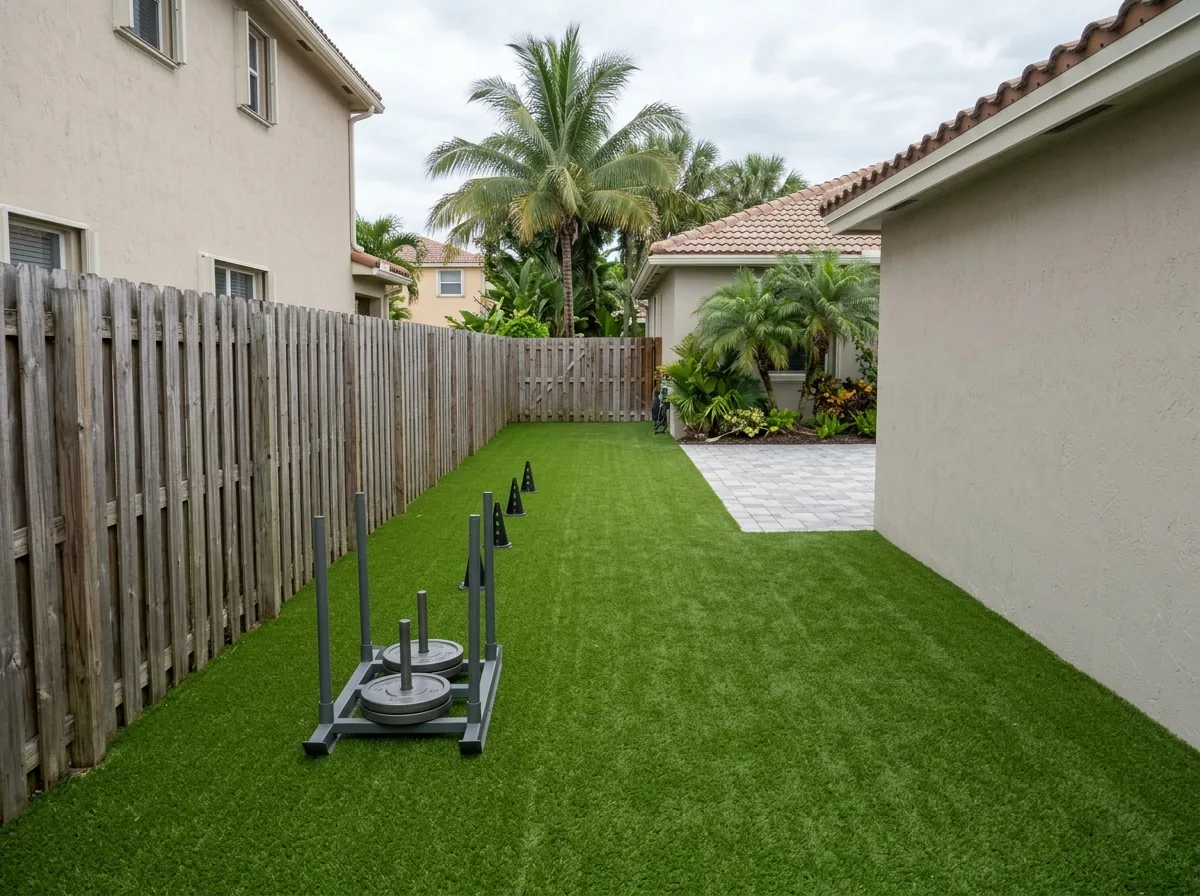 Narrow lane of short dense artificial turf running along a backyard fence with agility cones and a weighted sled at one end, a stucco garage wall beside it