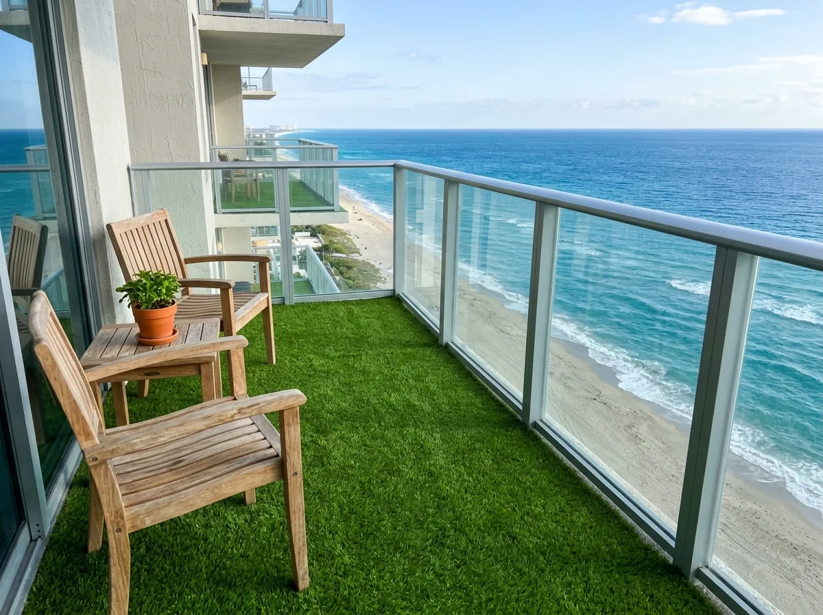 Condo balcony floored with artificial grass behind a glass railing, two teak chairs, the Atlantic and a sandy beach below
