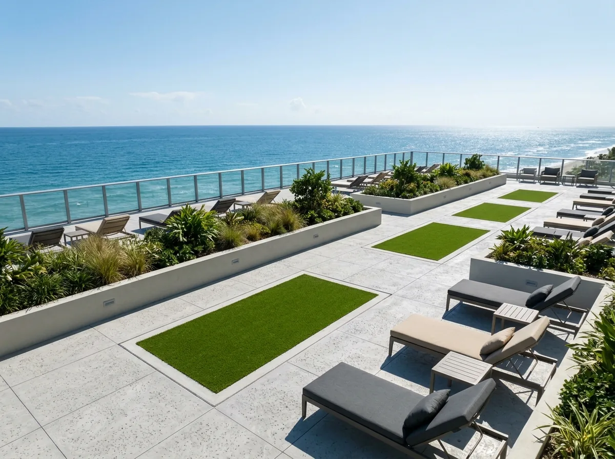 Condo amenity deck with framed turf panels between concrete pavers and planters, lounge chairs and a glass railing, no people