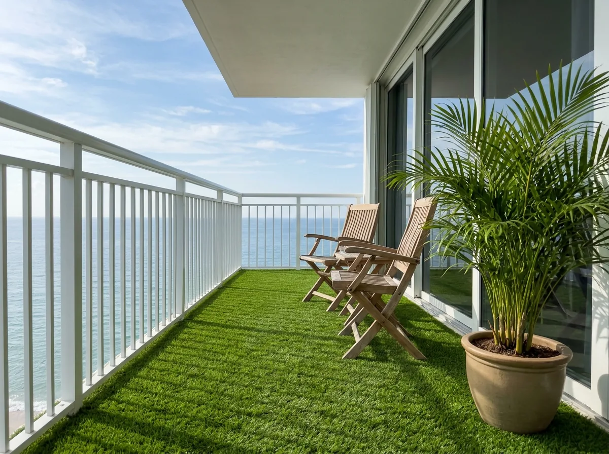 Condo balcony floored with artificial grass behind a white aluminum railing, two folding chairs and a potted palm, ocean in the distance