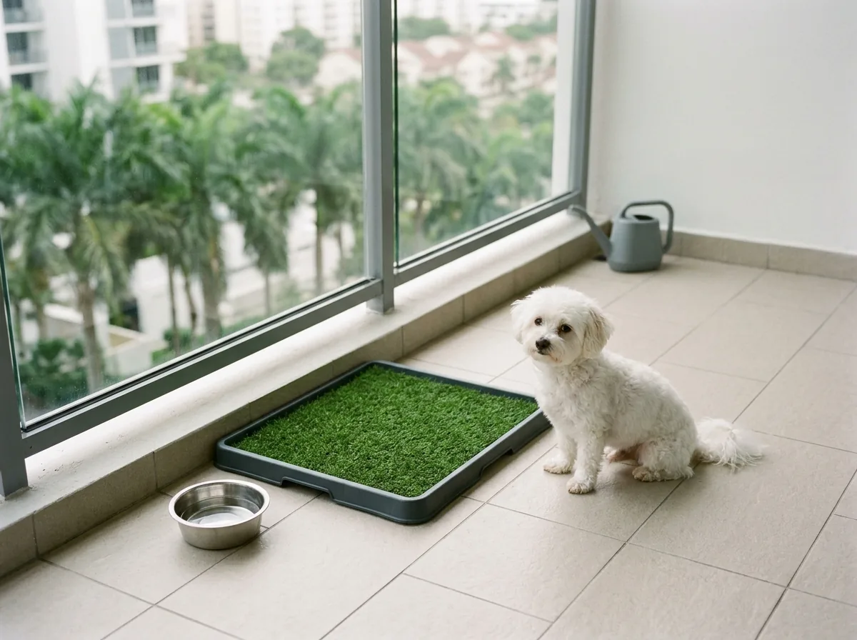 Small square of pet turf in a shallow tray on a tiled condo balcony, a small dog sitting next to it and a water bowl