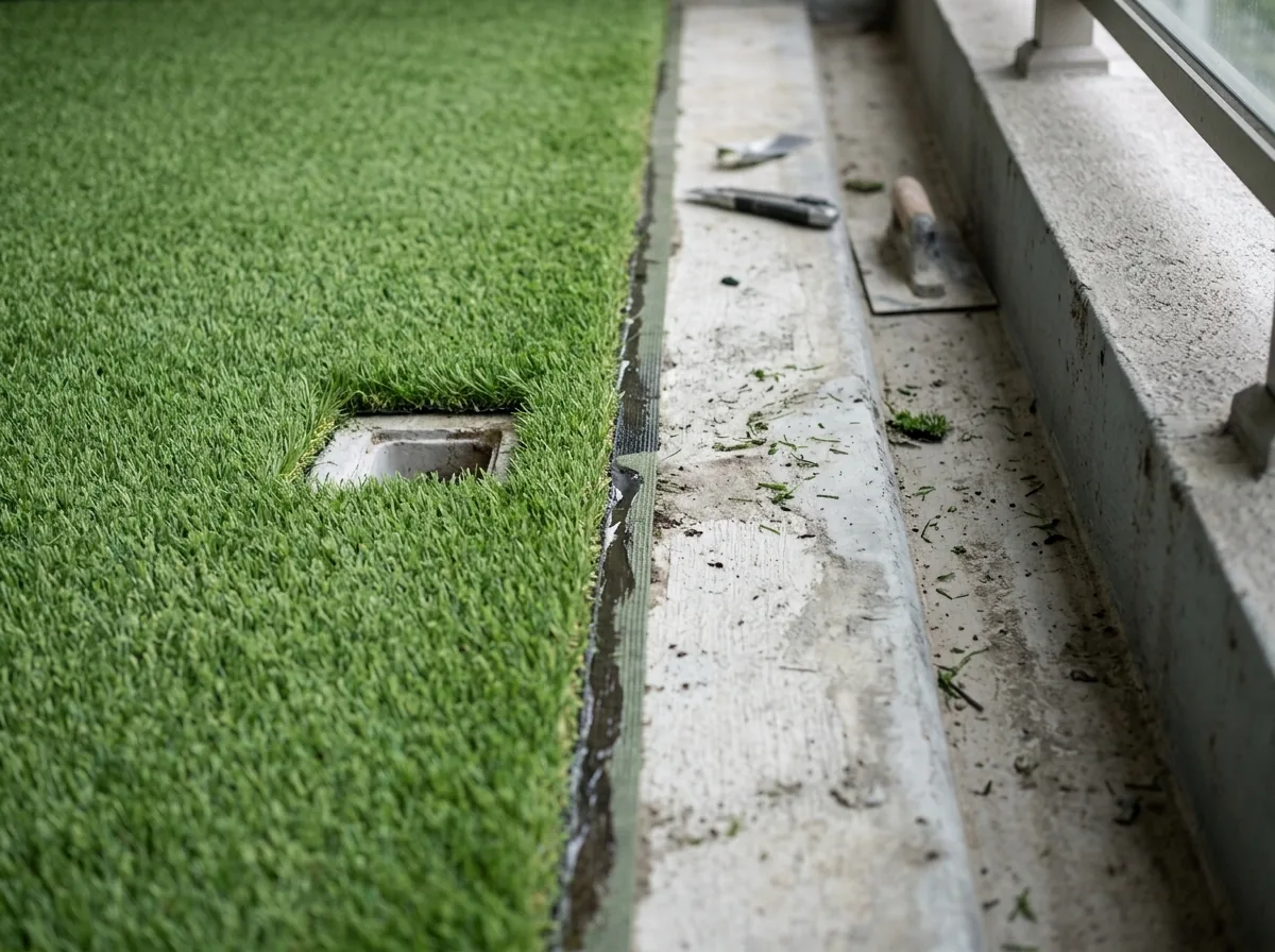 Close view of a balcony turf edge glued and taped to the concrete slab beside a drain scupper, the turf trimmed neatly around it