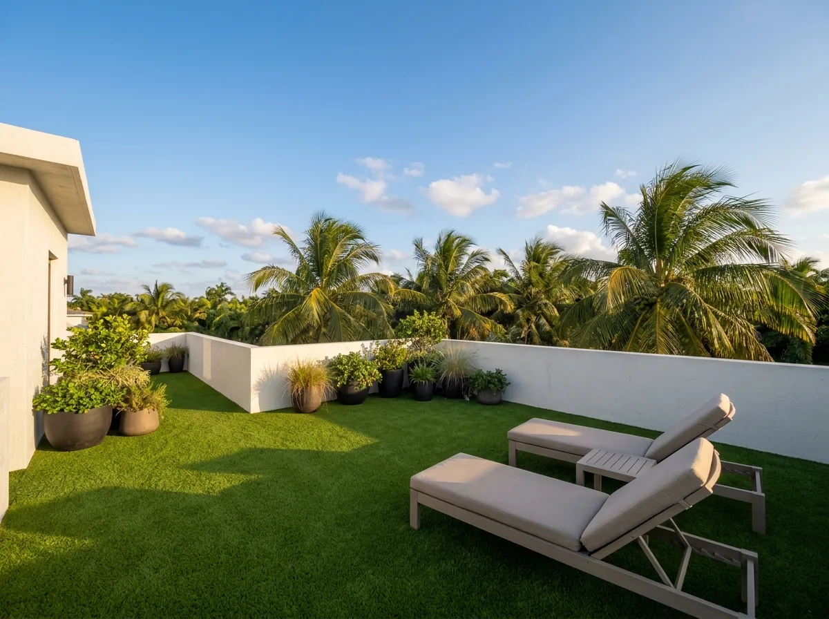 Flat roof terrace of a white stucco home laid with artificial grass, two lounge chairs, planters along a low parapet and a palm canopy beyond