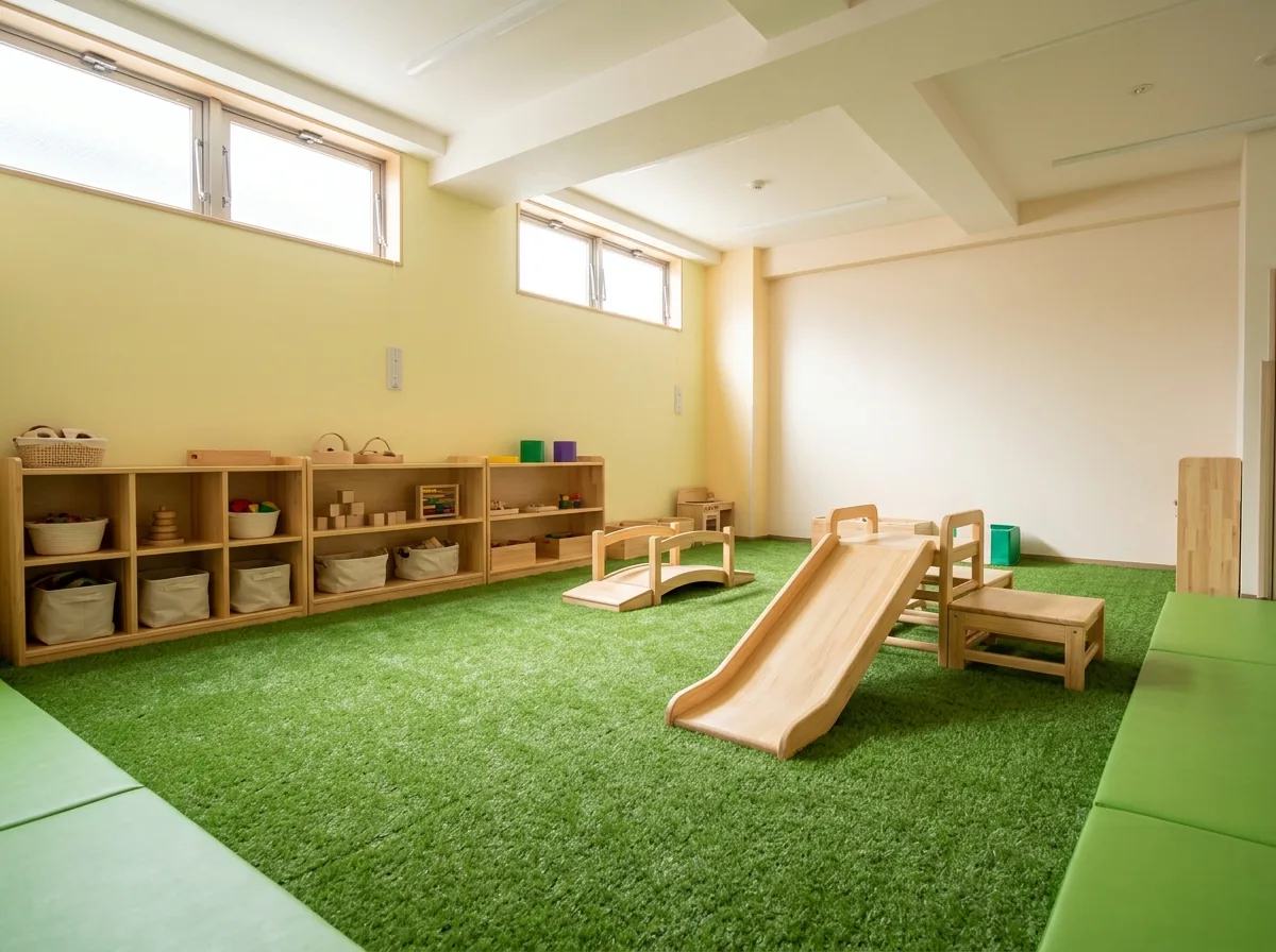 Indoor childcare play room with a soft artificial turf floor over padding, low wooden play equipment and cubbies along the wall