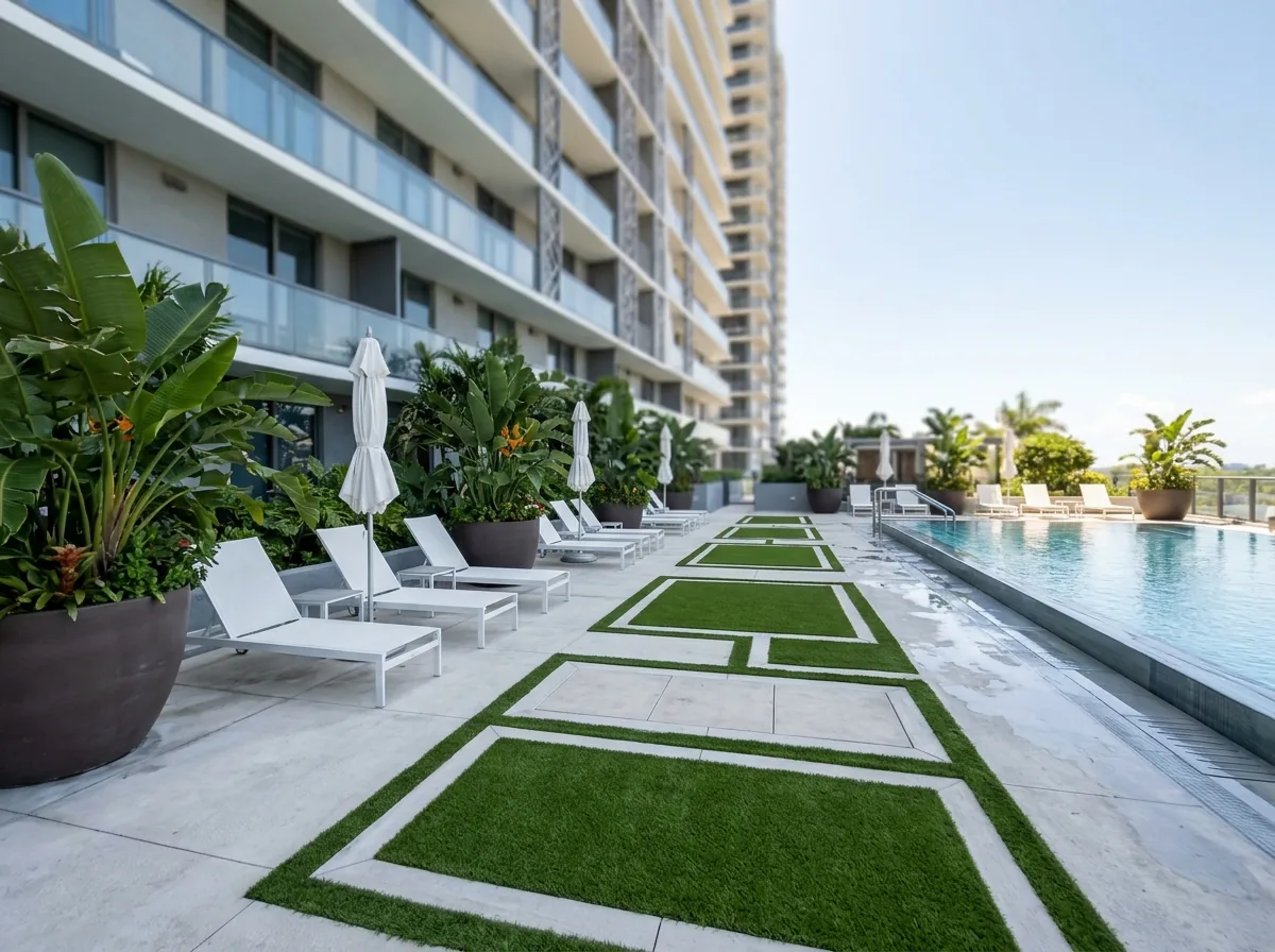 Condo pool deck on a podium level with framed artificial turf panels between concrete pavers, lounge chairs and planters, no people
