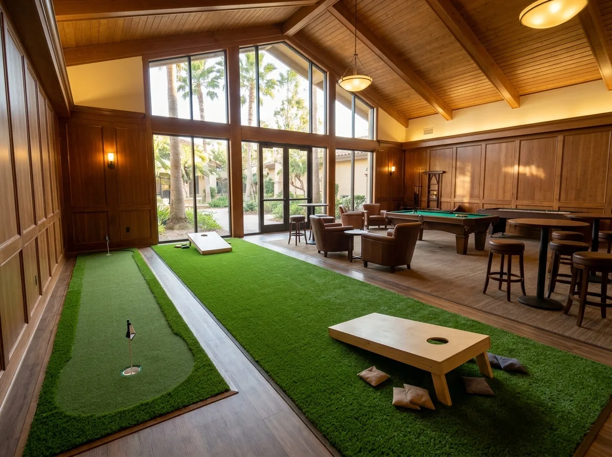 HOA clubhouse game room with a turf putting strip and a cornhole lane on green artificial turf, wood paneling and tall windows