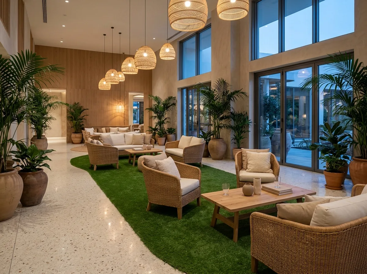Hotel lounge with a strip of artificial turf under low tables and armchairs, potted palms and warm pendant lights, empty
