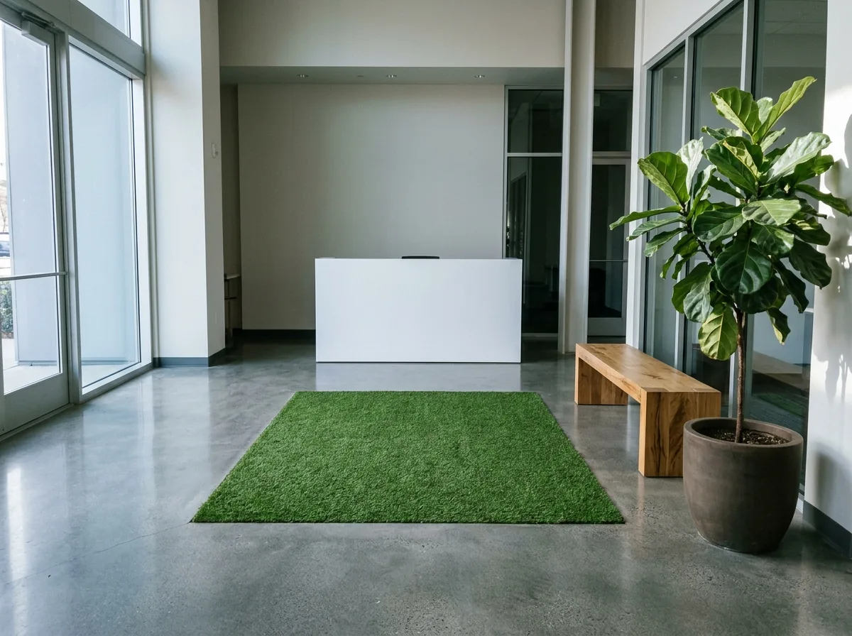 Office lobby with a green artificial turf floor panel in front of a reception desk, a bench and a potted plant