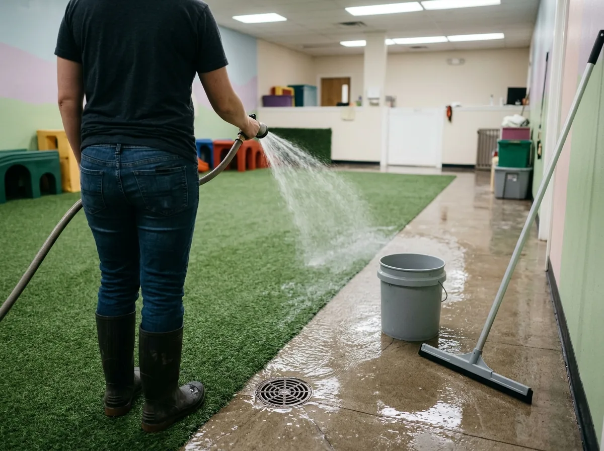 Staff member seen from behind rinsing pet turf in a daycare play room with a hose, a squeegee and a bucket nearby