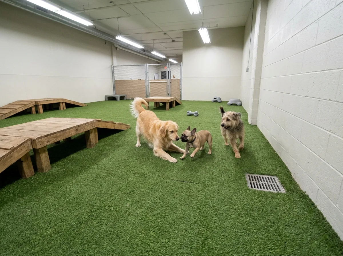 Indoor dog daycare play room with green artificial turf over the floor, low wooden platforms, a few dogs playing and a floor drain near the wall