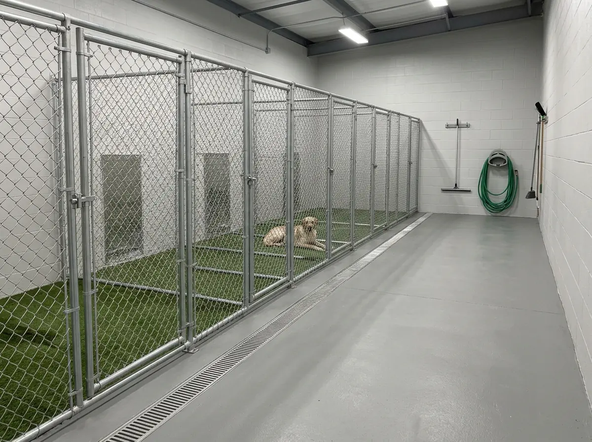 Row of indoor kennel runs with chain-link gates and pet turf floors, a drain channel along the front and a hose reel on the wall