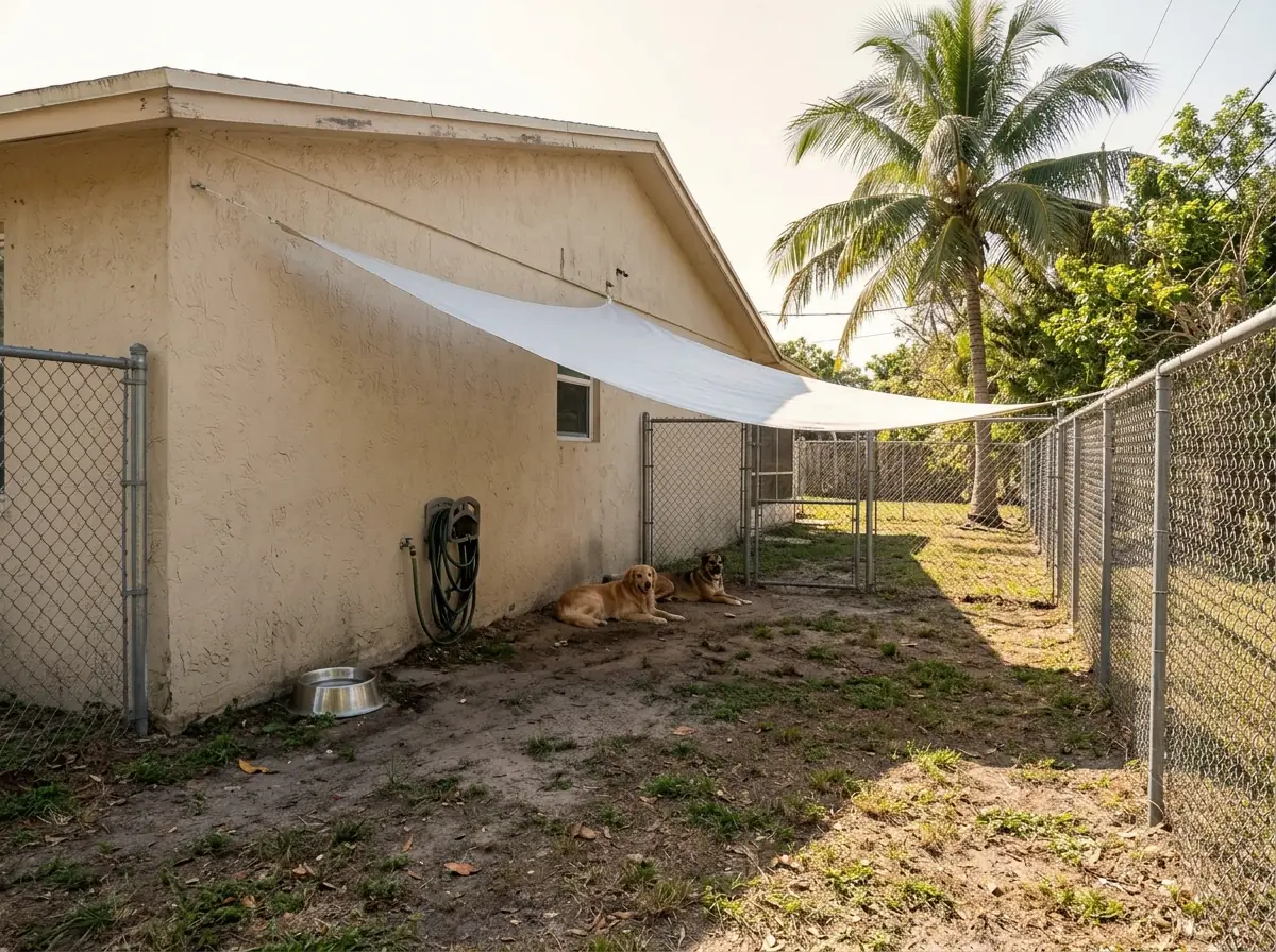 Fenced outdoor dog play yard behind a single-story building, half shaded by a sail canopy, with a water bowl and a hose reel