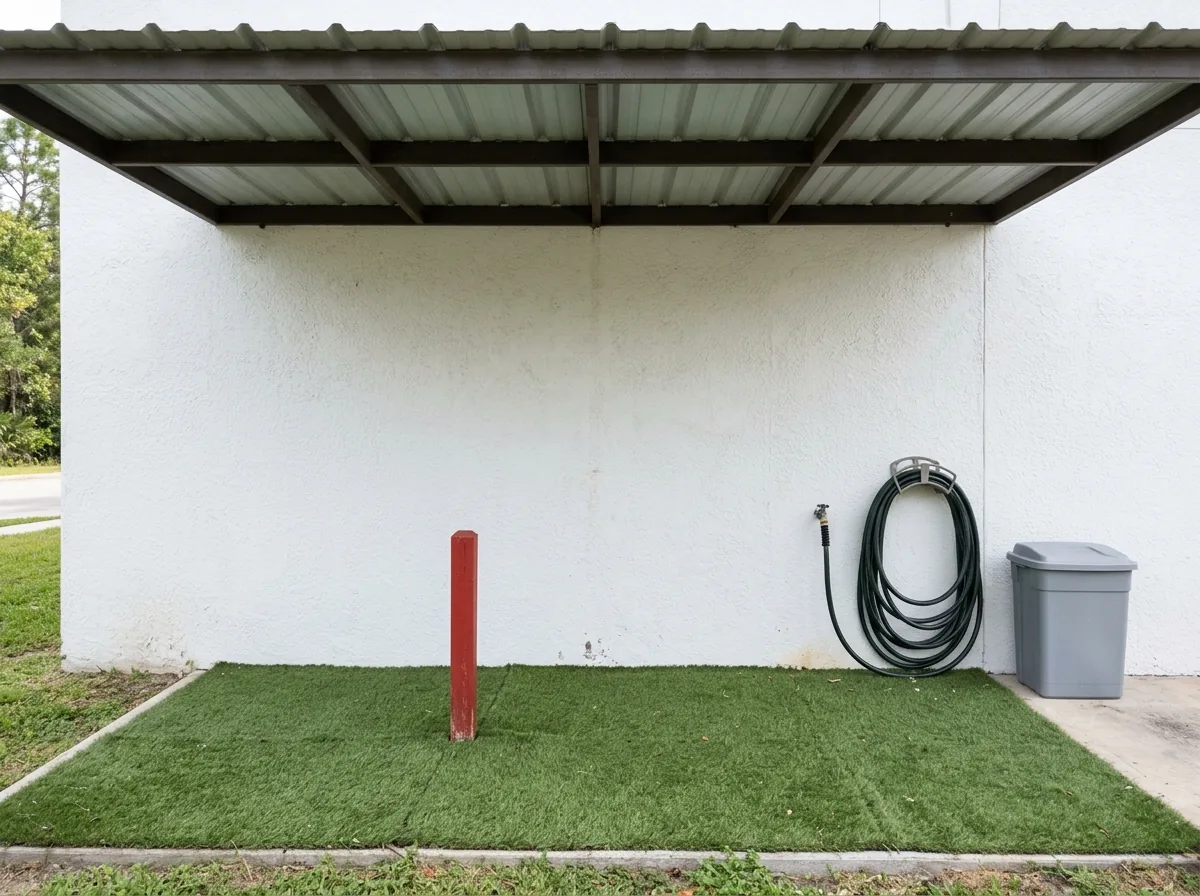Covered relief station of pet turf with a small fire hydrant post, a hose bib and a waste station, set against a white stucco wall