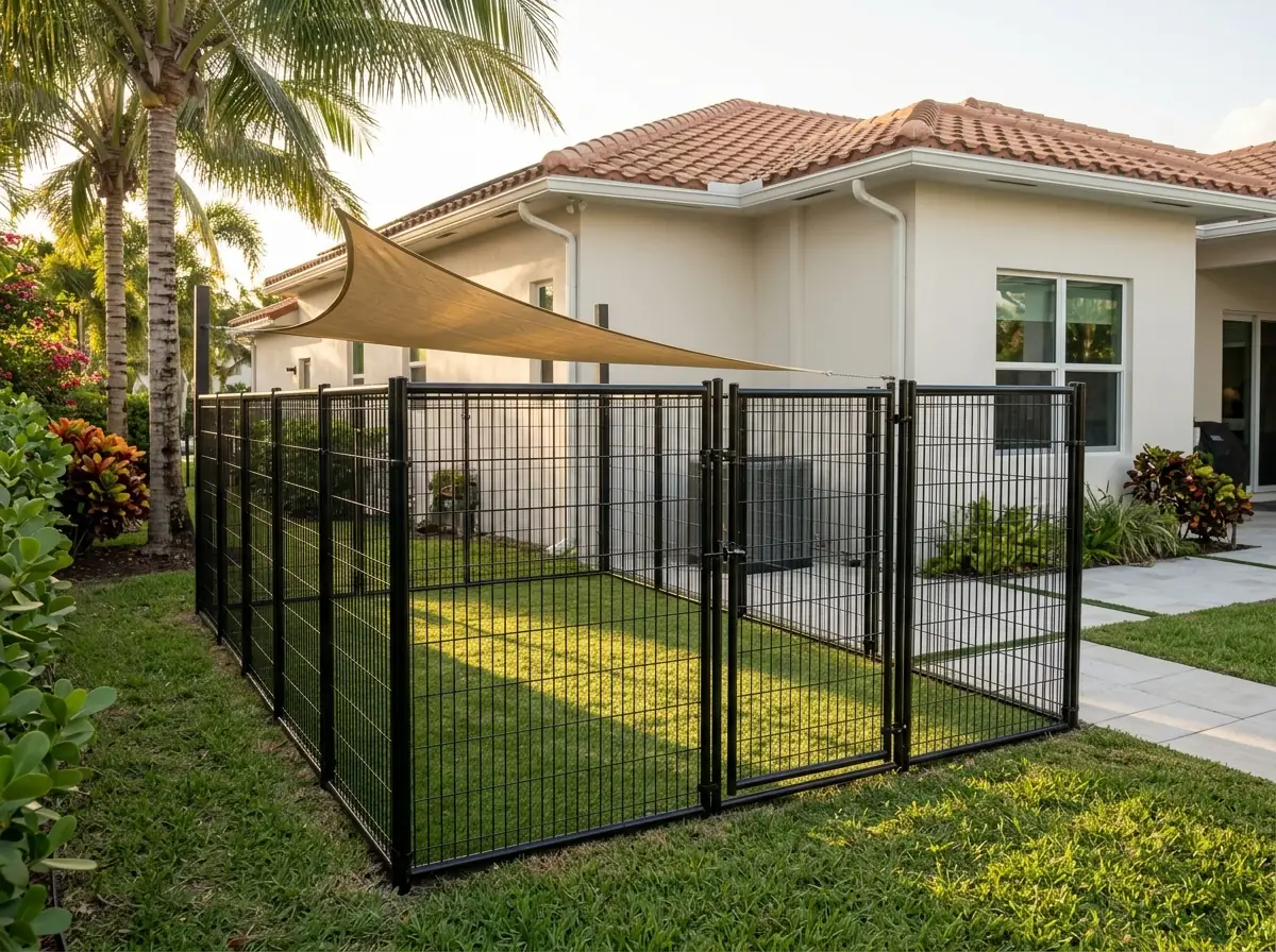 Freestanding backyard dog run of black welded-wire fencing with a gate, short artificial grass inside, a shade sail overhead and a stucco home behind