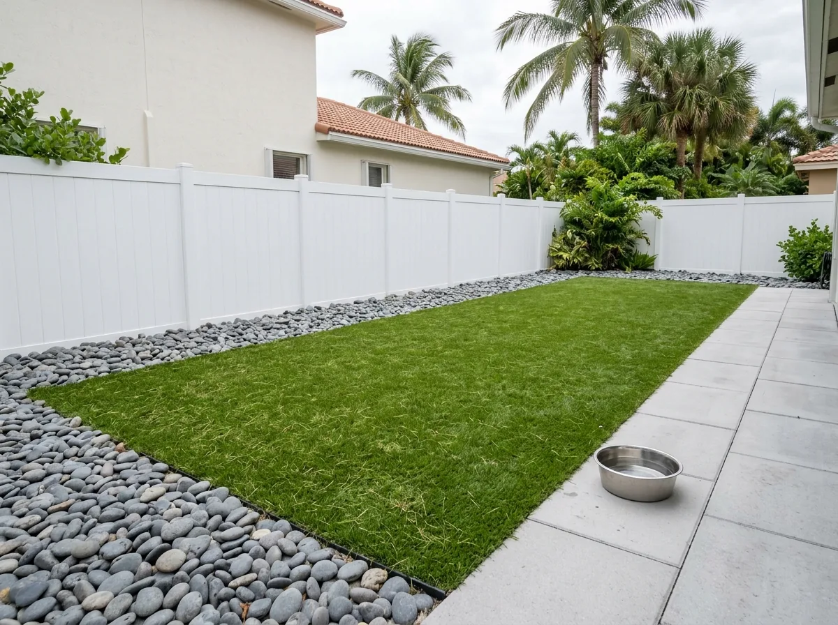 Dog run of artificial grass with a border of gray river rock and a strip of concrete pavers along one side, a water bowl on the pavers, a white vinyl fence behind