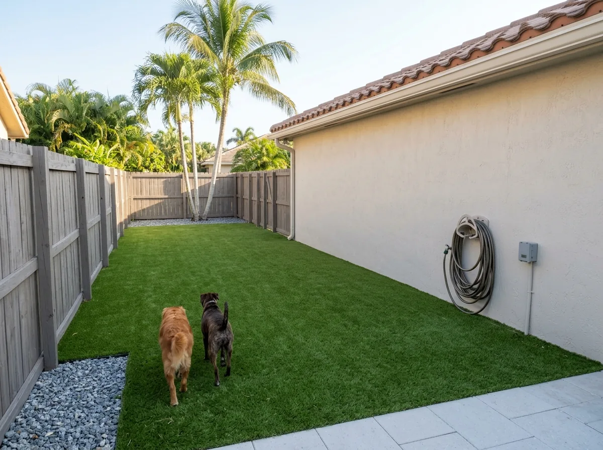 Wide dog run of artificial grass along a backyard fence with two dogs seen from behind, a garden hose on a wall-mounted reel and a strip of gray gravel at the low corner