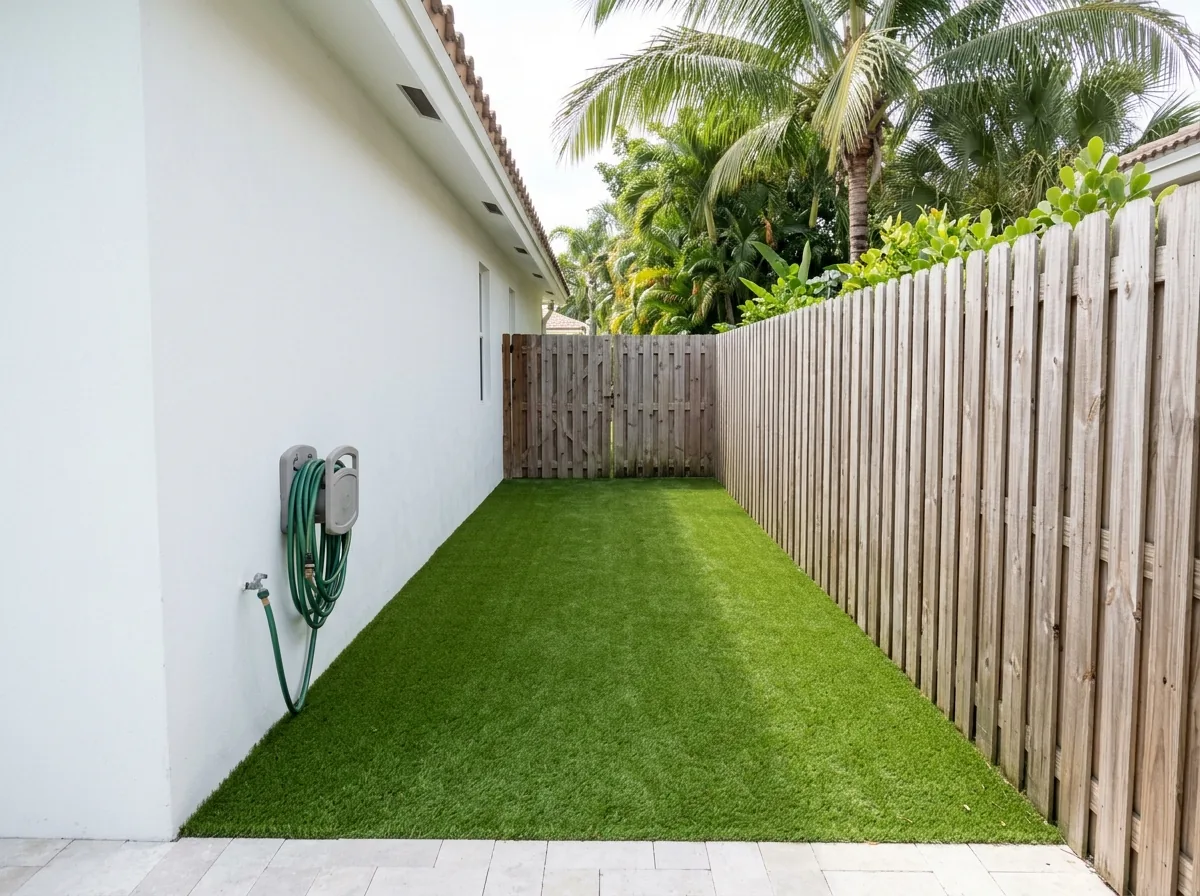 Narrow side yard between a white stucco house wall and a wood privacy fence turned into a dog run of short artificial grass, a gate at the far end and a hose reel on the wall