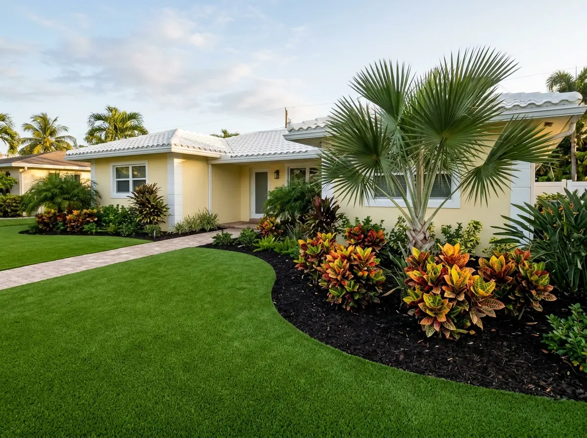 Front yard of a pale yellow ranch house with an artificial grass lawn edged against a mulched bed of crotons and a sabal palm, a paver walk to the door