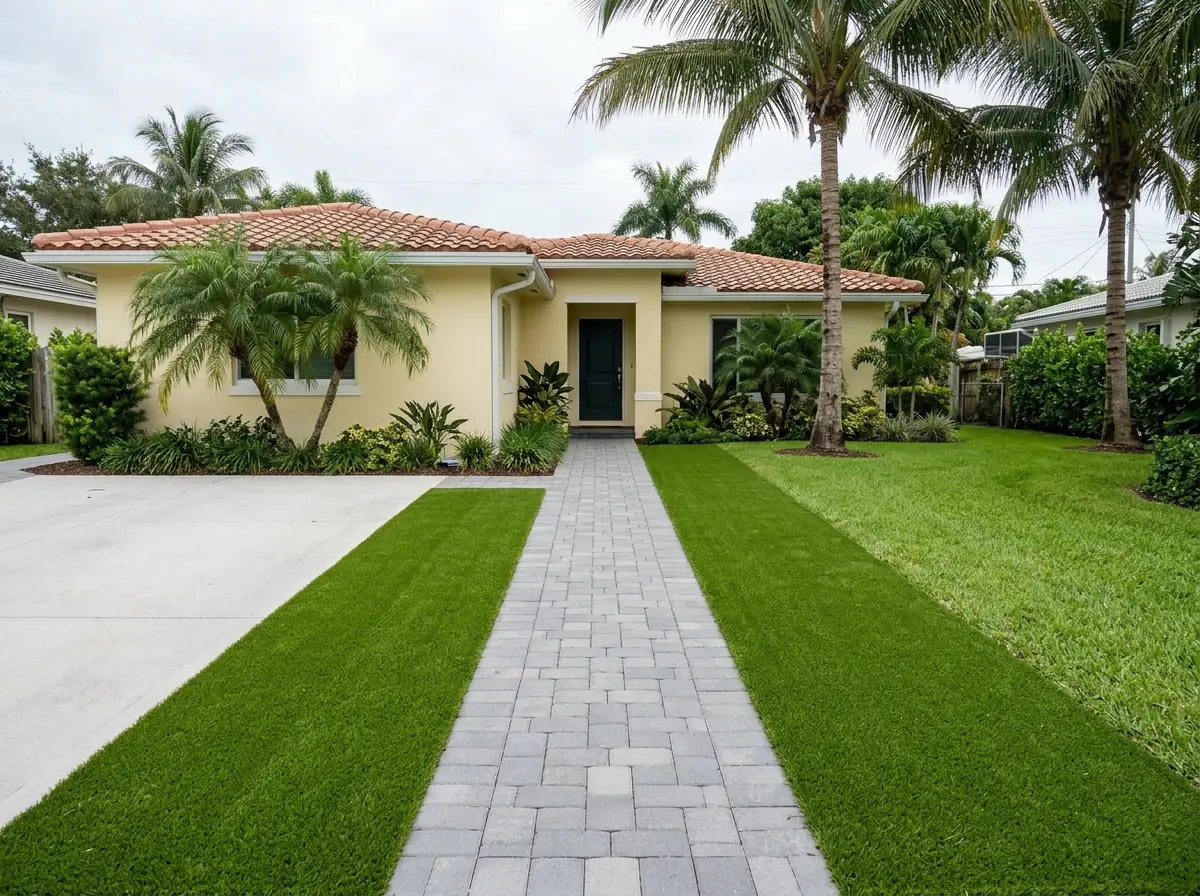 Artificial grass running along both sides of a gray paver front walk to the door of a pale yellow stucco home, a concrete driveway at the left