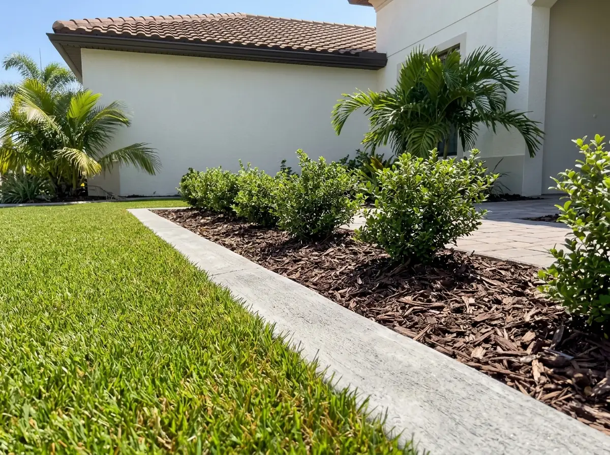 Close view of a poured concrete mow strip separating artificial grass from a mulched bed of dwarf yaupon holly in a front yard, a stucco wall behind