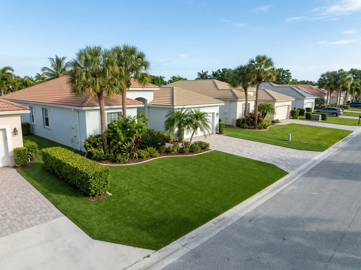 Row of single-story stucco homes on a quiet street, one front yard in artificial grass bordered by a hedge and a planted bed, the others in sod